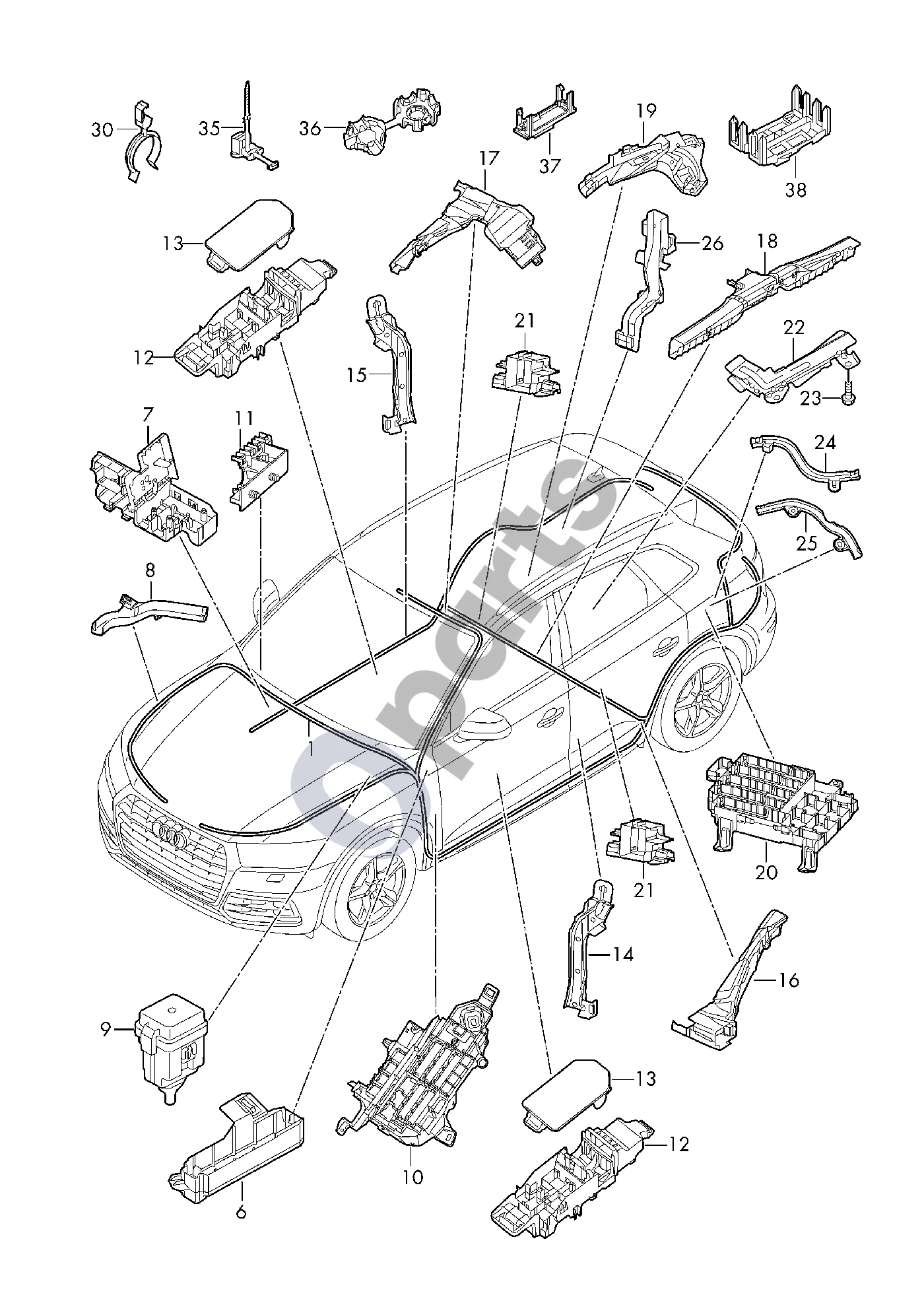 Audi Q5 SQ5 FY (2017–2025) Salono laidų pynė schema – pozicija 20: Laikiklis; saugiklių laikiklis; ir; relių plokštė