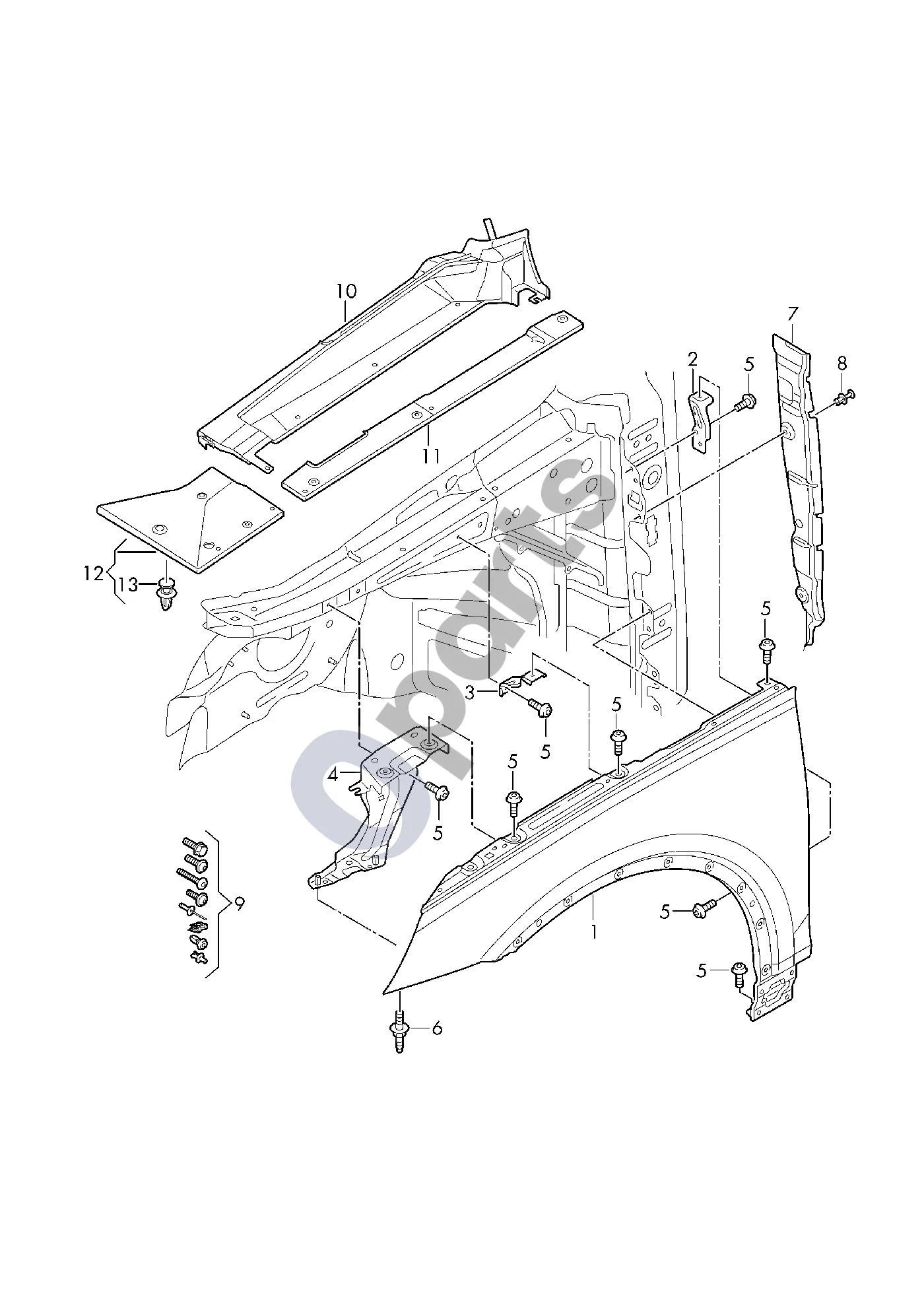 Audi Q5 SQ5 FY (2017–2025) Sparnas; sparno apdaila schema – pozicija 13: Spaustukas