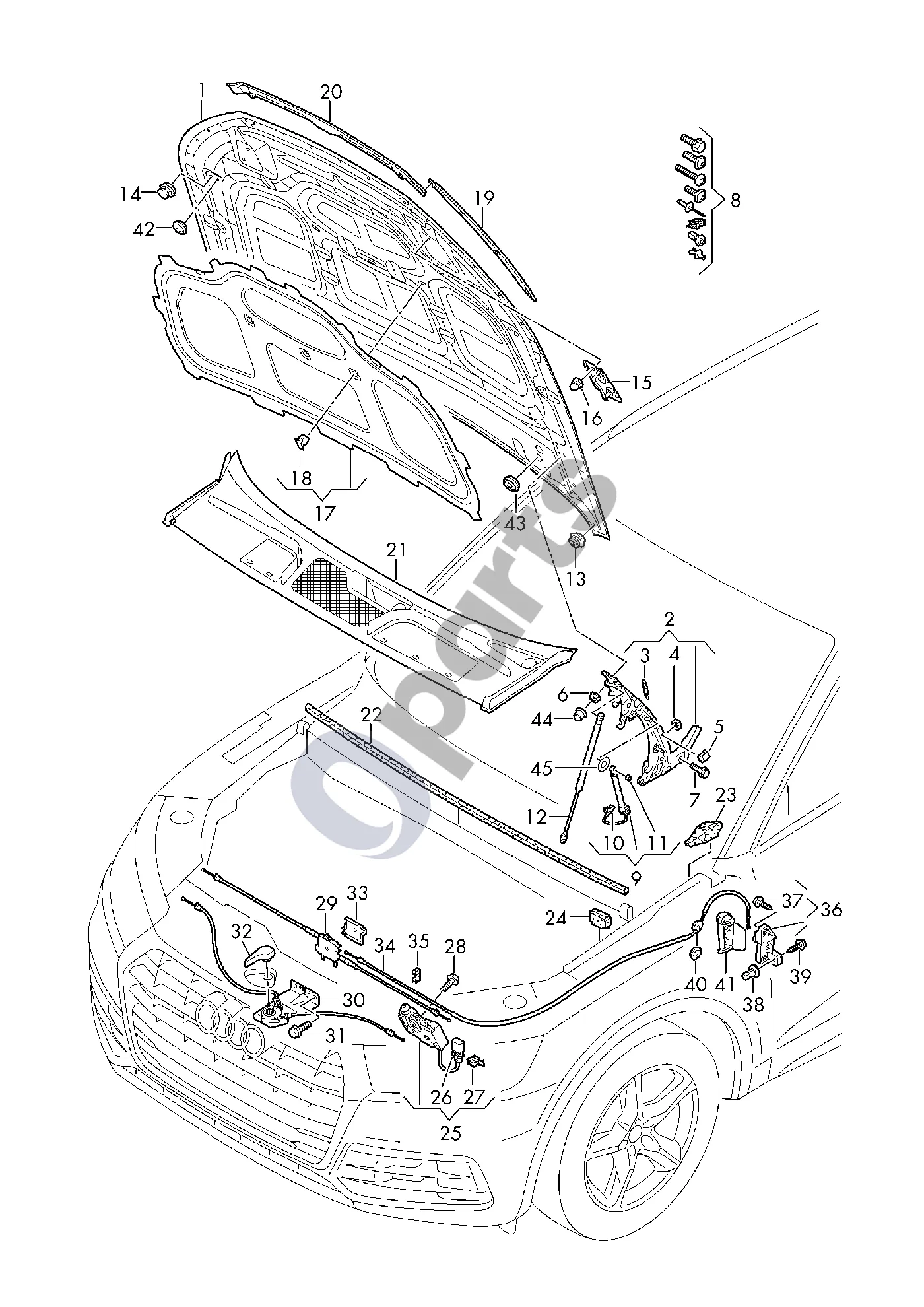 Audi Q5 SQ5 FY (2017–2025) Variklio dangtis schema – Apsauga nuo smūgių