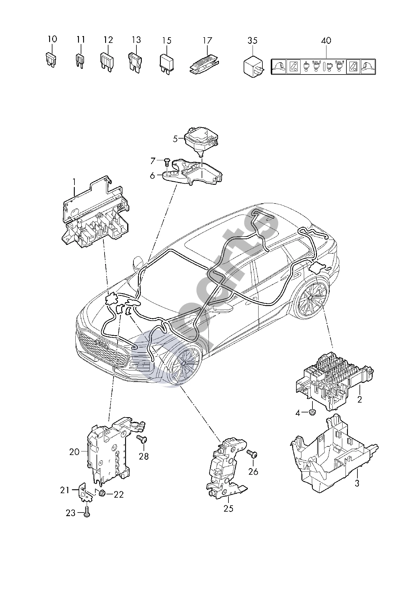 Audi Q6 e-tron (2024–) Saugiklių dėžė schema – pozicija 6: Laikiklis - relių plokštė/saugiklių dėžė; E dėžė