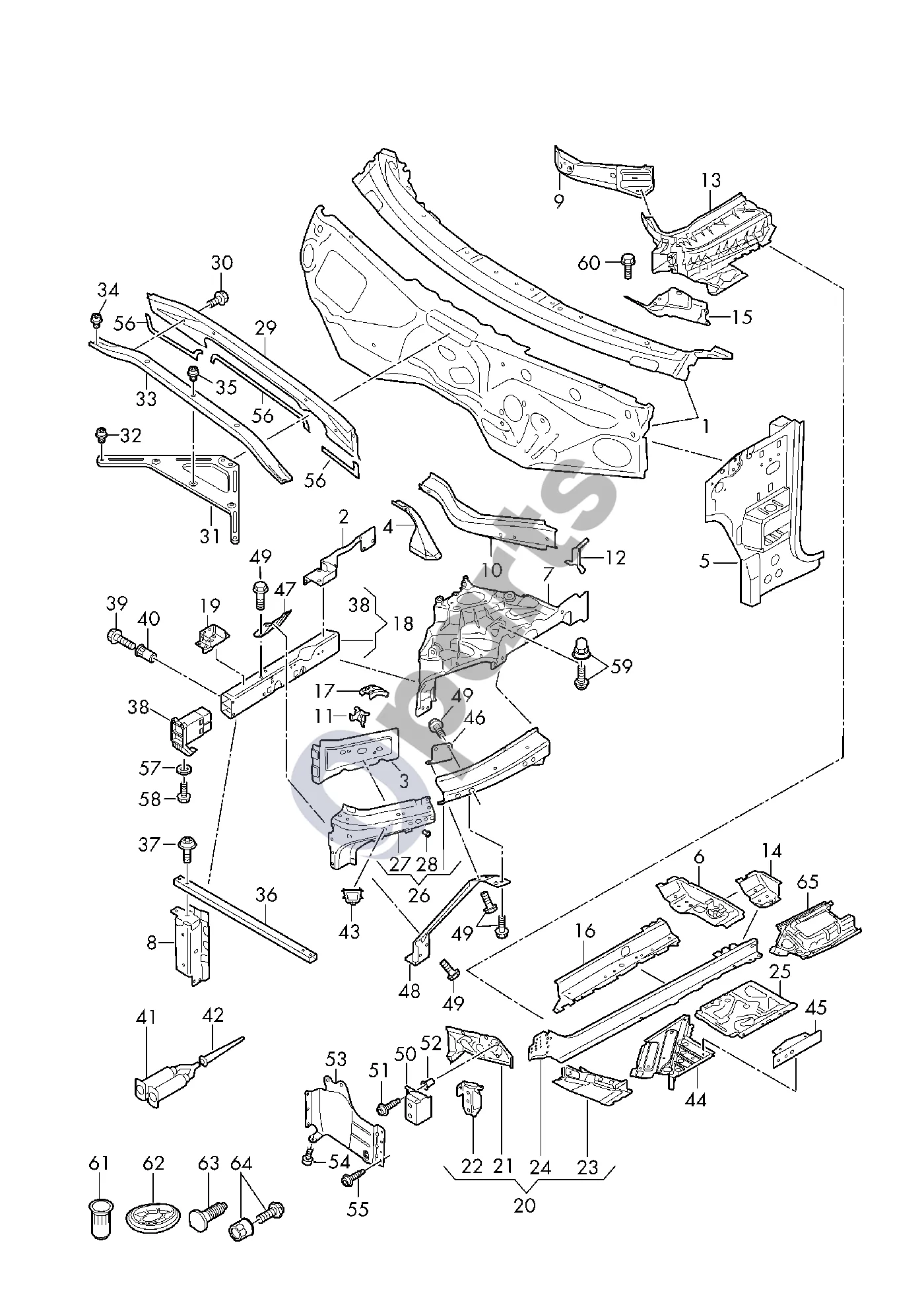 Audi Q7 4M (2015–2026) Kėbulo priekinė dalis; sijos elementas schema – Atrama