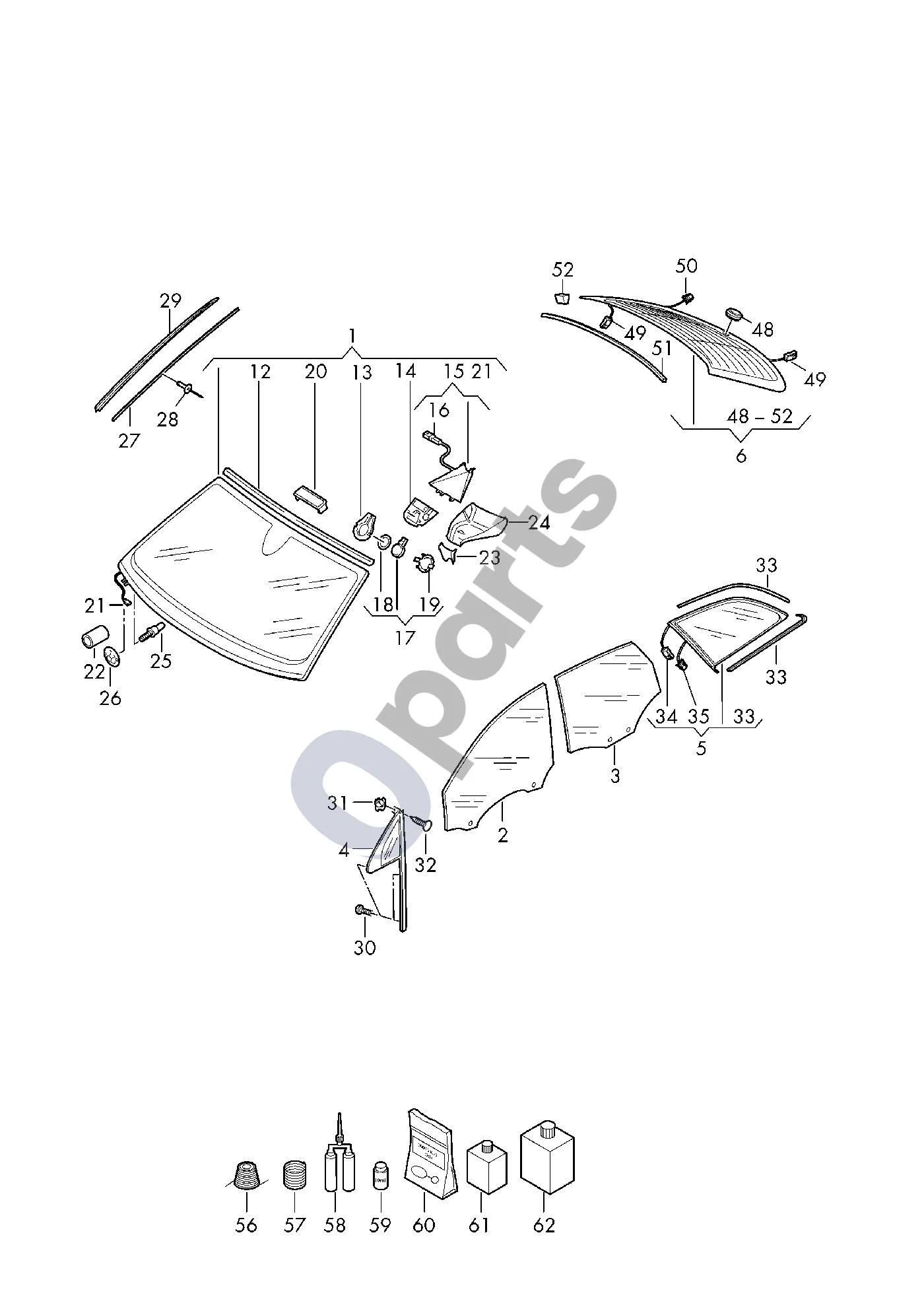 Audi Q7 4M (2015–2026) Priekinis stiklas schema – pozicija 27: Prispaudimo juostelė; A statramstis
