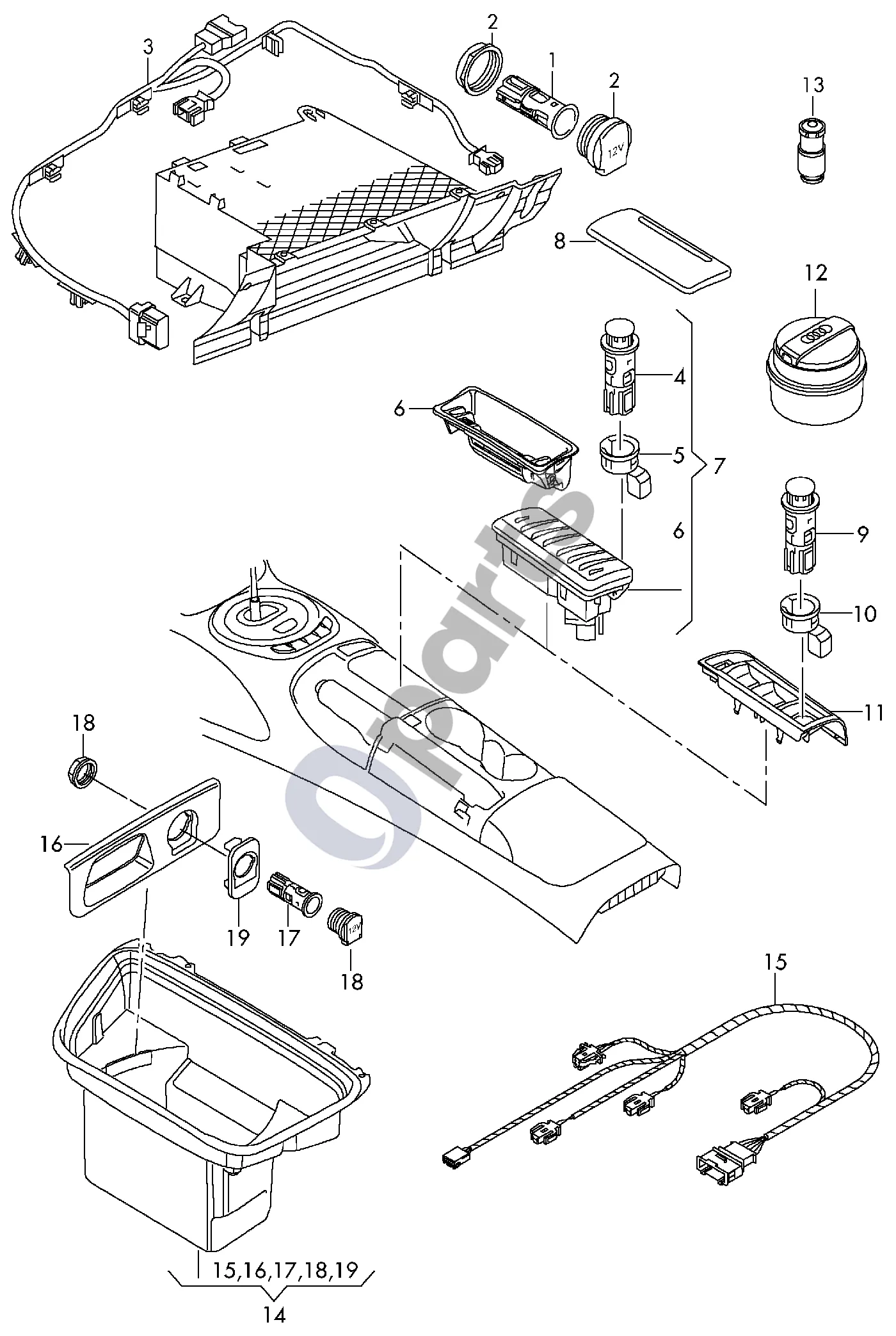 Audi R8 42 (2006–2015) Lizdas; daiktadėžė schema – pozicija 5: Spyruoklinis kaištis