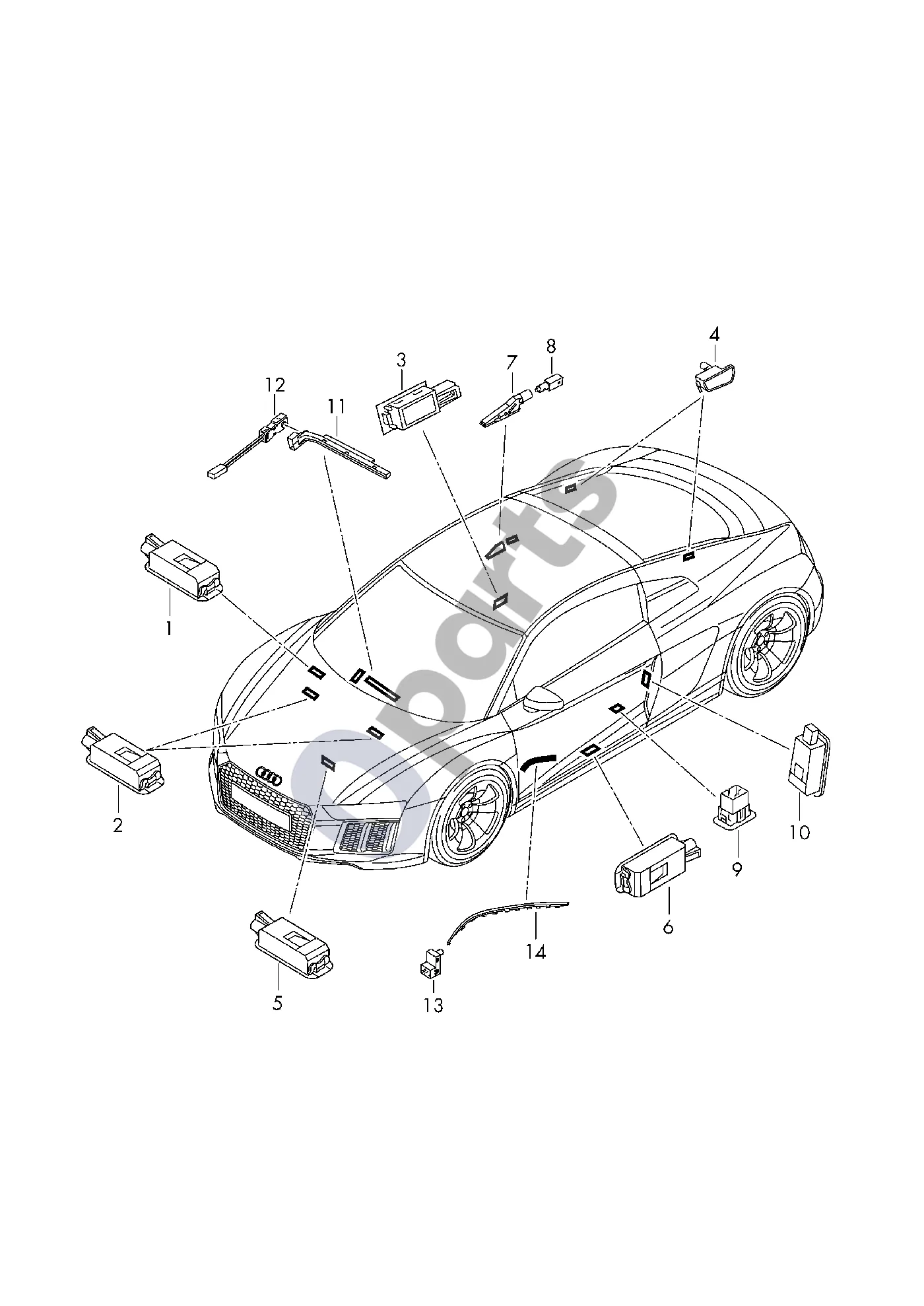 Audi R8 4S (2015–) Daiktadėžės dangtelio apšvietimas schema – LED šviestuvas; Su „Audi Sport“ logotipu