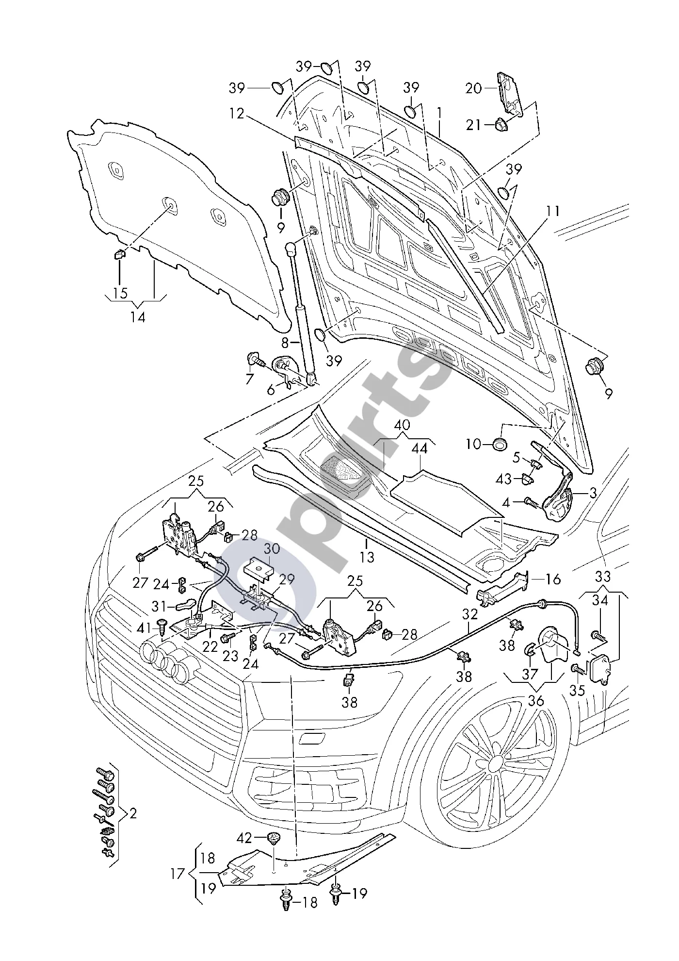 Audi RS Q8 (2019–) Variklio dangtis schema – pozicija 16: Tarpiklis