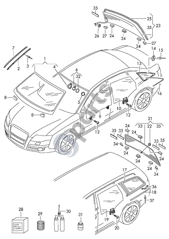 Audi RS4 B7 durų stiklas – schema