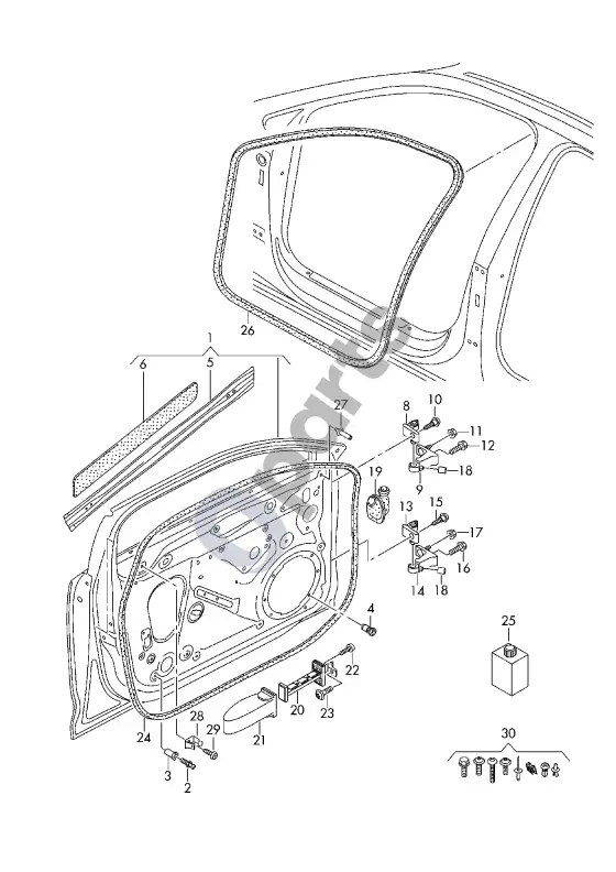 Audi RS4 B9 durys; durų tarpiklis – schema