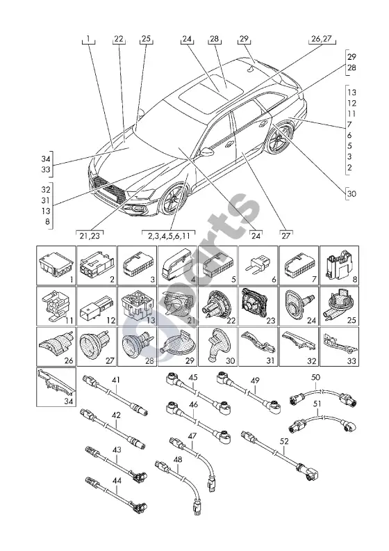 Audi RS4 B9 saugiklių dėžė – schema