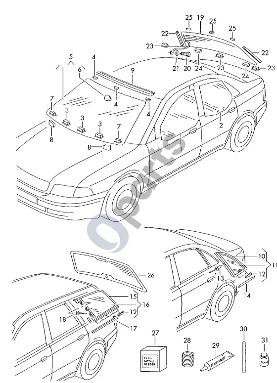 Audi RS4 lango stiklas – schema