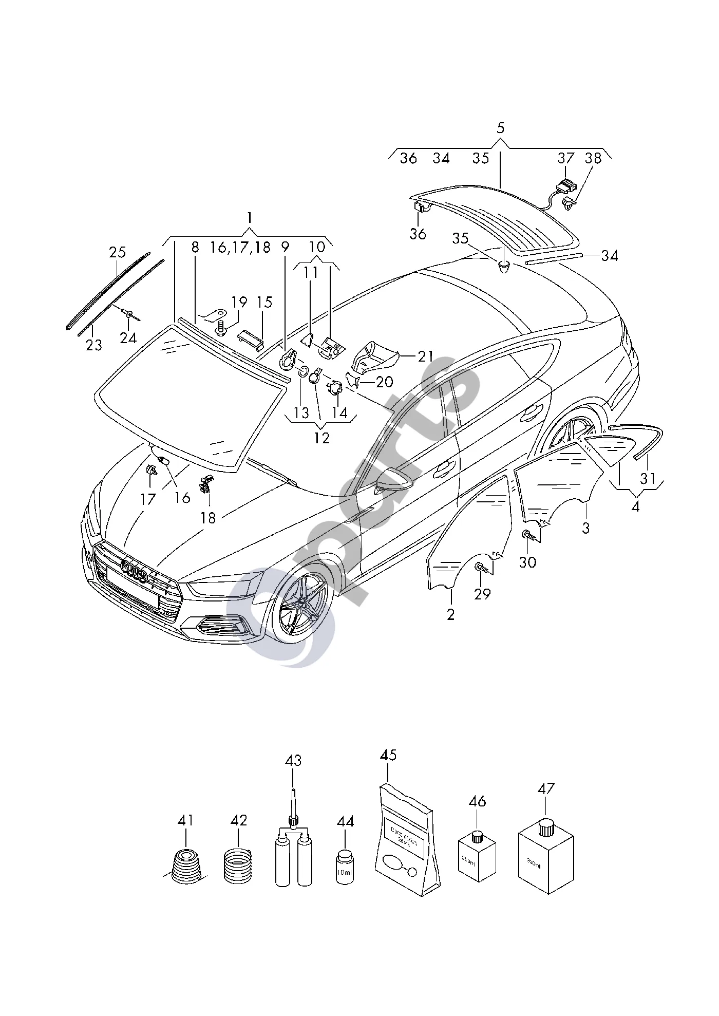 Audi RS5 (2017–) Priekinis stiklas schema – pozicija 2: Durų stiklas