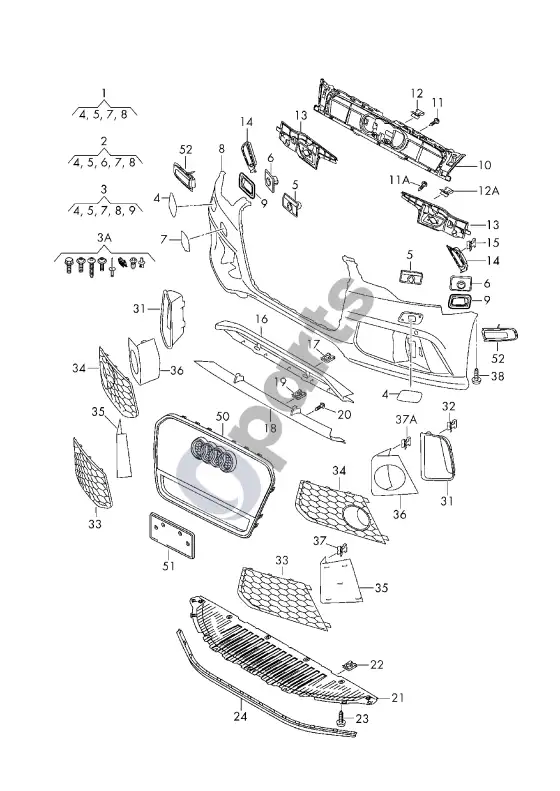 Audi RS7 C7 bamperis – schema