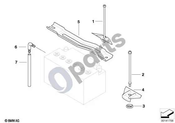 BMW 1 E81 E87 akumuliatoriaus laikiklis ir tvirtinimo detalės – schema