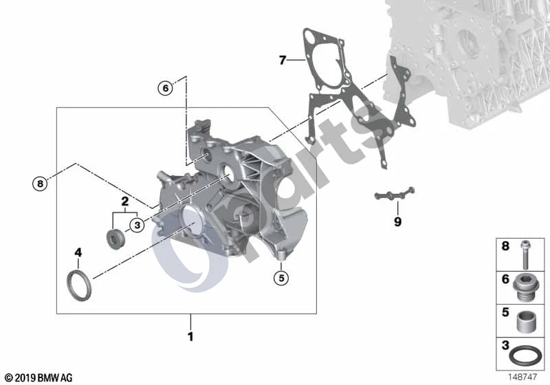 BMW 1 E81 E87 (2004–2011) Apatinis paskirstymo mechanizmo korpusas schema – pozicija 01: Paskirstymo mechanizmo dangtis, apatinis