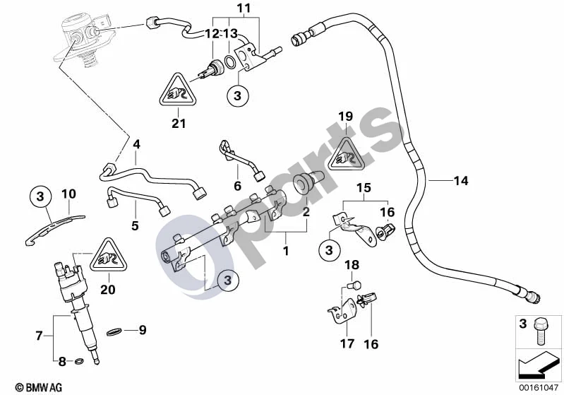 BMW 1 E81 E87 (2004–2011) Aukšto slėgio bėgelis / purkštukas / vamzdis schema – pozicija 15: Žarnos laikiklis