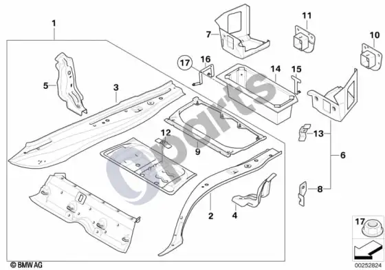 BMW 1 E81 E87 bagažinės grindų skydo tvirtinimo detalės – schema