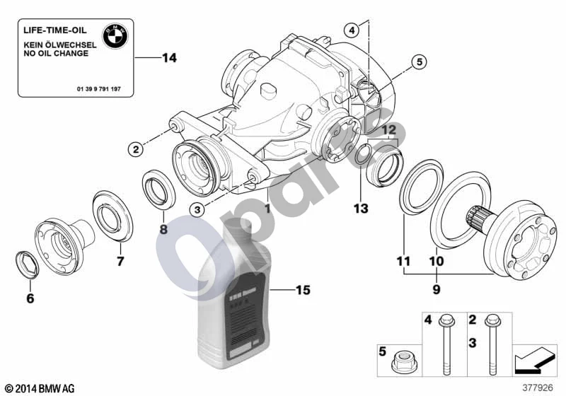 BMW 1 E81 E87 (2004–2011) Diferencialo pavara / išėjimas (E81 116D, E87 LCI 116D) schema – pozicija 15: Hipoidinės pavaros ašies alyva G1
