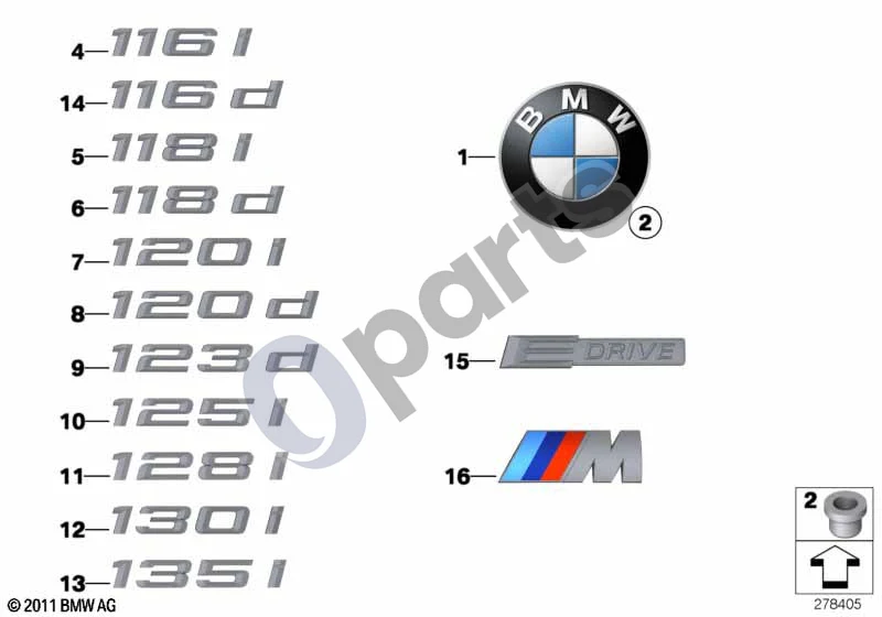 BMW 1 E81 E87 (2004–2011) Emblemos / užrašai (E81 116D, E87 LCI 116D) schema – pozicija 01: Lentelė
