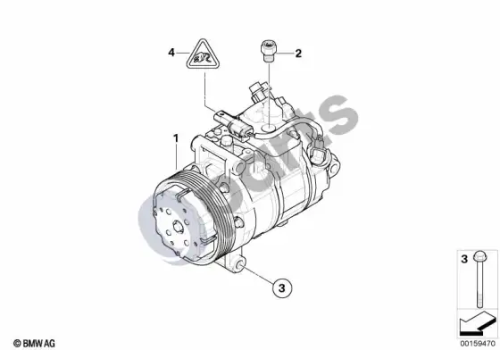 BMW 1 E81 E87 RP oro kondicionieriaus kompresorius (E81 116D, E87 LCI 116D) – schema