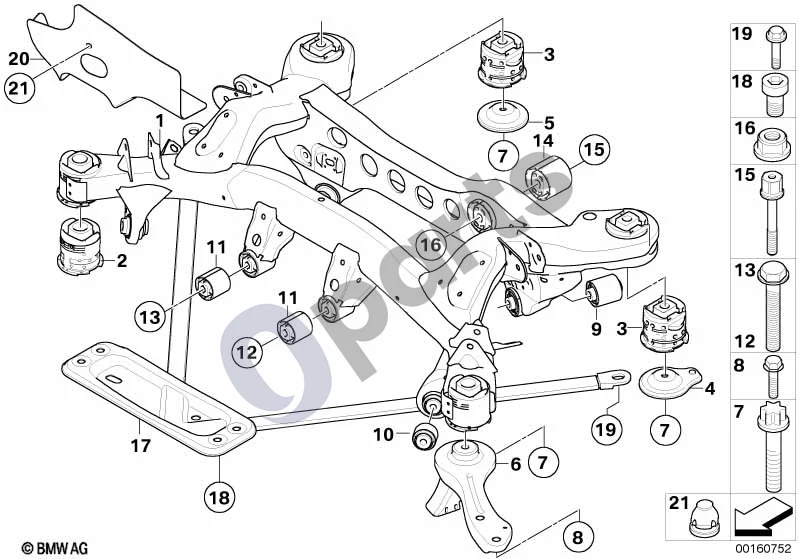BMW 1 E81 E87 (2004–2011) Galinės ašies rėmas (E81 116D) schema – pozicija 14: Galinė guminė atrama