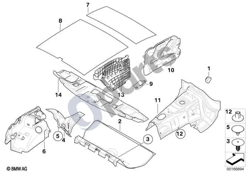 BMW 1 E81 E87 (2004–2011) Garso izoliacija, galas (E81 116D) schema – pozicija 03: Spaustukas