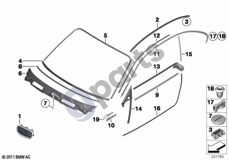 BMW 1 E81 E87 (2004–2011) Išorės apdaila / grotelės (E81 116D) schema – pozicija 18: Guminė įvorė