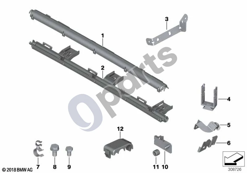 BMW 1 E81 E87 (2004–2011) Laidų pynės tvirtinimo detalės (E81 116D) schema – pozicija 02: Kabelių kanalas, apatinė dalis