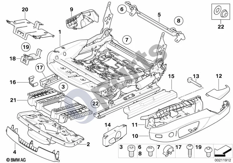 BMW 1 E81 E87 (2004–2011) Priekinės sėdynės bėgelis elektra/atskiros dalys (E81 116D) schema – pozicija 21: Jungiamasis elementas šlaunų atramai