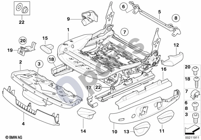 BMW 1 E81 E87 (2004–2011) Priekinės sėdynės bėgelis, mechaninis / atskiros dalys (E81 116D) schema – pozicija 15: Kairioji svirtis