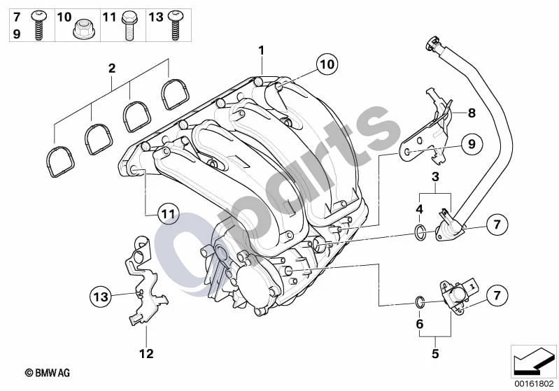 BMW 1 E81 E87 (2004–2011) Įsiurbimo kolektoriaus sistema (E81 116I1.6N45N, E87 LCI 116I1.6N45N) schema – pozicija 03: Ventiliacijos žarna