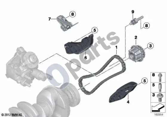 BMW 1 E81 E87 paskirstymo mechanizmas – apatinė paskirstymo grandinė p (E81 118D, E81 120D, E81 123D, E81 116D, E87 LCI 118D, E87 LCI 120D, E87 LCI 123D) – schema