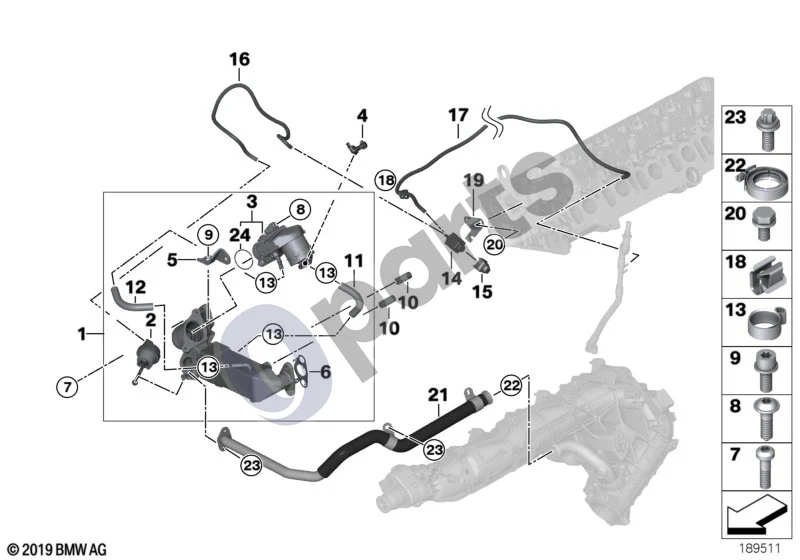 BMW 1 E81 E87 (2004–2011) Išmetamųjų teršalų mažinimo aušinimas; 2008.09 - ... (E81 118D, E87 LCI 118D) schema – pozicija 03: EGR vožtuvas