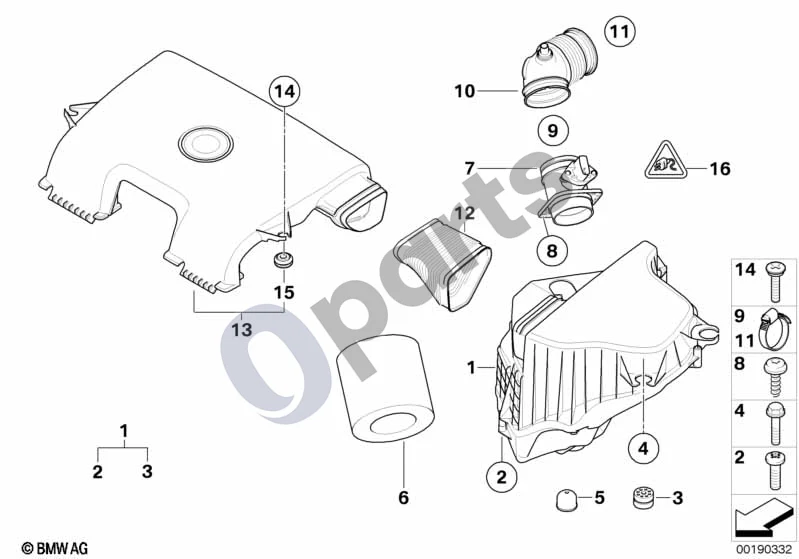 BMW 1 E81 E87 (2004–2011) Įsiurbimo oro duslintuvas / filtro elementas / oro masės matuoklis (HFM, E81 118IN43, E81 116I2.0, E87 LCI 118IN43, E87 LCI 116I2.0) schema – pozicija 07: Plėvelinis oro masės matuoklis