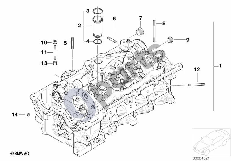 BMW 1 E81 E87 (2004–2011) Cilindrų galvutė (E81 118IN46N, E87 LCI 118IN46N, E87 118I) schema – pozicija 02: Uždegimo žvakės vamzdelis