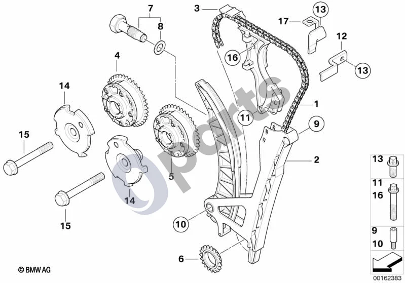 BMW 1 E81 E87 (2004–2011) Paskirstymo mechanizmas ir vožtuvų pavara – paskirstymo grandinė (E81 120IN43, E81 116I1.6N43, E81 118IN43, E81 116I2.0, E87 LCI 120IN43, E87 LCI 116I1.6N43, E87 LCI 118IN43, E87 LCI 116I2.0) schema – pozicija 03: Slydimo bėgelis