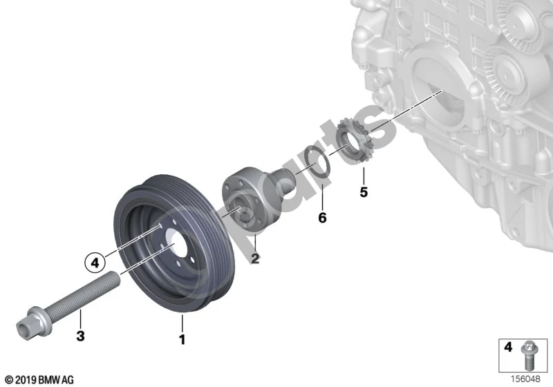 BMW 1 E81 E87 (2004–2011) Diržinė pavara, vibracijų slopintuvas (E81 130I, E87 LCI 130I, E87 130I) schema – pozicija 01: Vibracijų slopintuvas