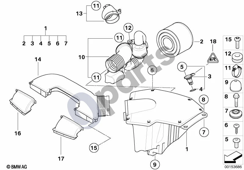 BMW 1 E81 E87 (2004–2011) Įsiurbimo oro duslintuvas / filtro elementas / oro masės matuoklis (HFM, E81 130I, E87 LCI 130I) schema – pozicija 03: Plėvelinis oro masės matuoklis