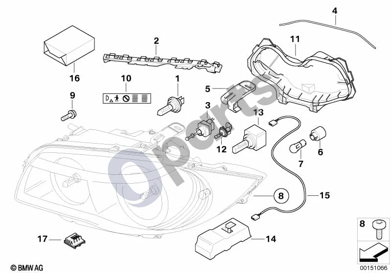 BMW 1 E81 E87 (2004–2011) Atskiros dalys, xenon žibintas (E87 116I) schema – pozicija 12: Lemputės lizdas su gabaritinės šviesos lempute