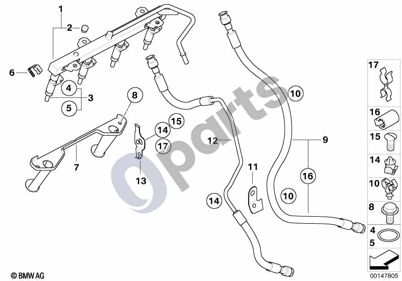BMW 1 E81 E87 (2004–2011) Degalų įpurškimo sistema / purkštukas (E87 116I) schema – pozicija 03: Įpurškimo vožtuvas