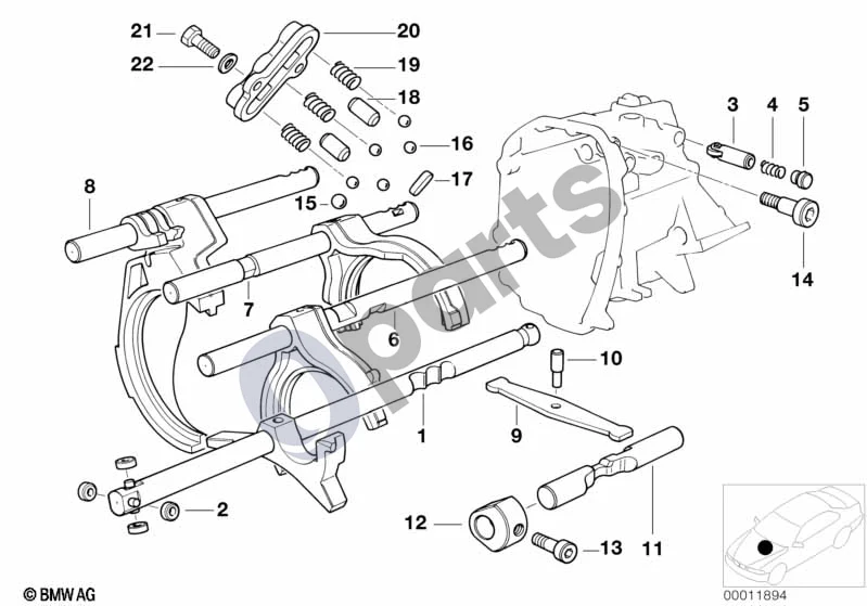 BMW 1 E81 E87 (2004–2011) S5D...G vidinės pavarų perjungimo dalys; ... - 2006.03 (E87 116I, E87 118I) schema – pozicija 12: Tvirtinimas