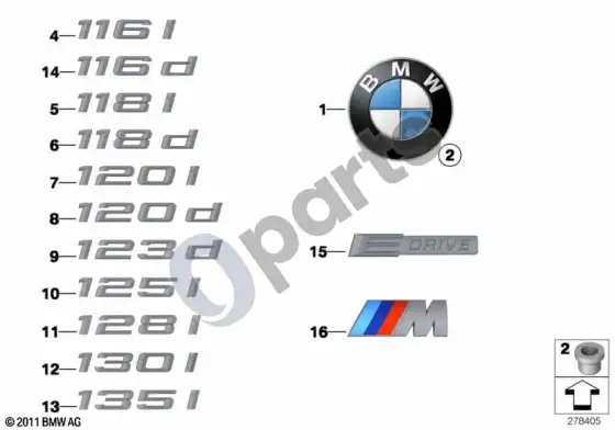 BMW 1 E81 E87 emblemos / užrašai (E87 116I) – schema