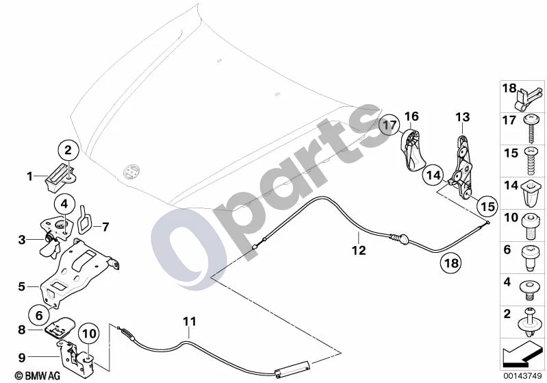BMW 1 E81 E87 (2004–2011) Variklio dangčio mechanizmas (E87 116I) schema – pozicija 07: Fiksatoriaus laikiklis