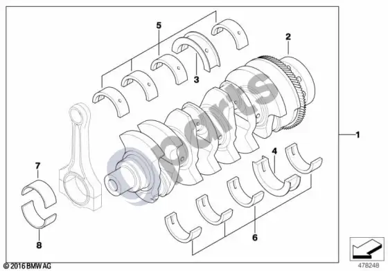 BMW 1 E81 E87 alkūninis velenas su guolių įdėklais (E87 118D, E87 120D) – schema