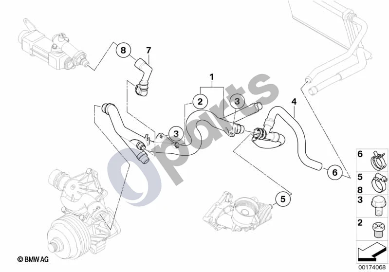 BMW 1 E81 E87 (2004–2011) Aušinimo sistemos vandens žarnos (E87 118D, E87 120D) schema – pozicija 06: Spyruoklinio žiedo apvalkalas