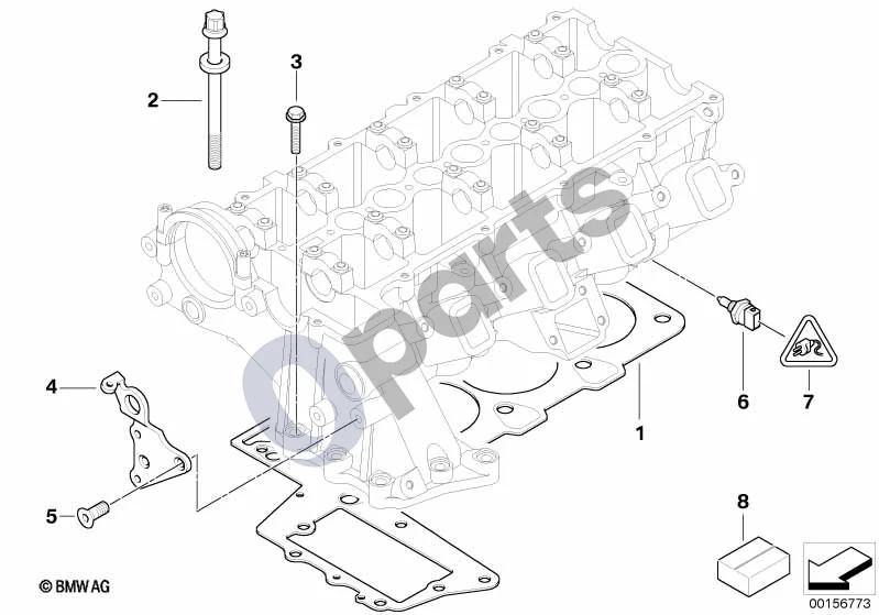 BMW 1 E81 E87 (2004–2011) Cilindrų galvutės pritvirtinamos detalės (E87 118D, E87 120D) schema – pozicija 01: Cilindrų galvutės tarpiklis be asbesto
