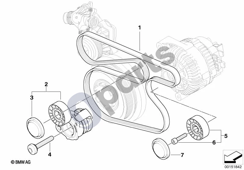 BMW 1 E81 E87 (2004–2011) Diržinė pavara, vandens siurblys / generatorius (E87 118D, E87 120D) schema – pozicija 05: Nukreipiamasis skriemulys