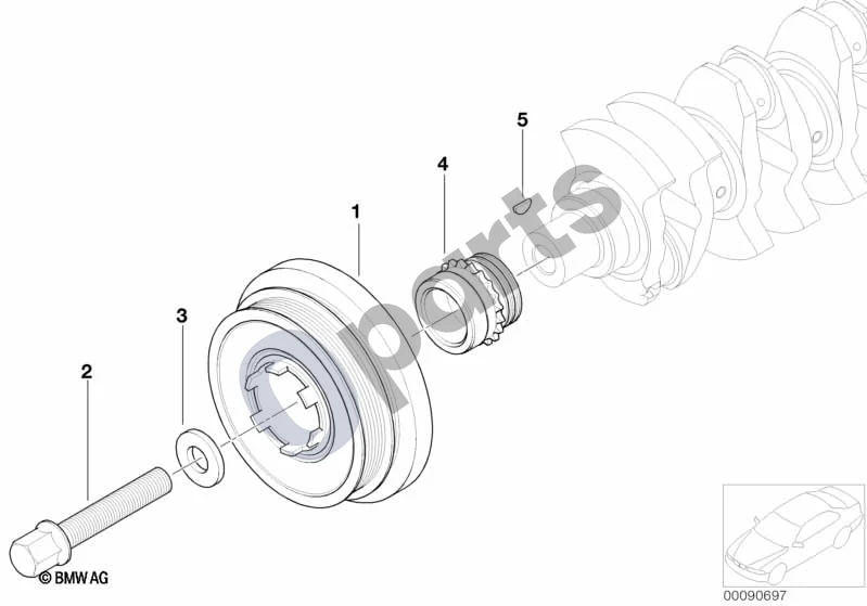 BMW 1 E81 E87 (2004–2011) Diržinė pavara, vibracijų slopintuvas (E87 118D, E87 120D) schema – pozicija 01: Vibracijų slopintuvas