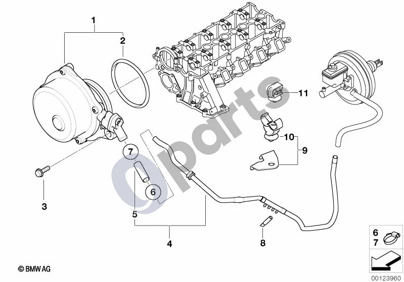 BMW 1 E81 E87 (2004–2011) Vakuuminis siurblys su vamzdeliais (E87 118D, E87 120D) schema – pozicija 01: Vakuuminis siurblys