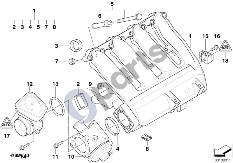 BMW 1 E81 E87 (2004–2011) Įsiurbimo kolektorius EGR be sklendės valdymo (E87 118D) schema – pozicija 12: Droselis