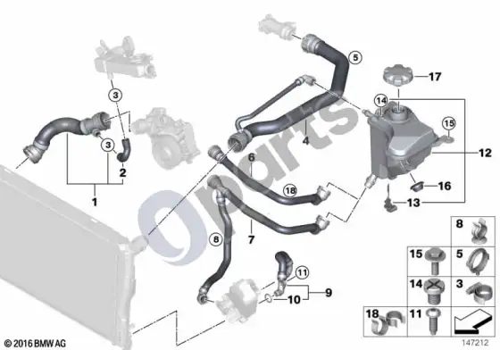 BMW 1 E81 E87 aušinimo sistemos vandens žarnos (E87 120D) – schema