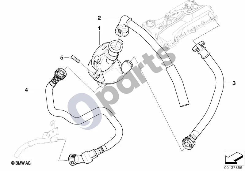 BMW 1 E81 E87 (2004–2011) Karterio vėdinimas / alyvos separatorius (E87 120I) schema – pozicija 01: Alyvos separatorius